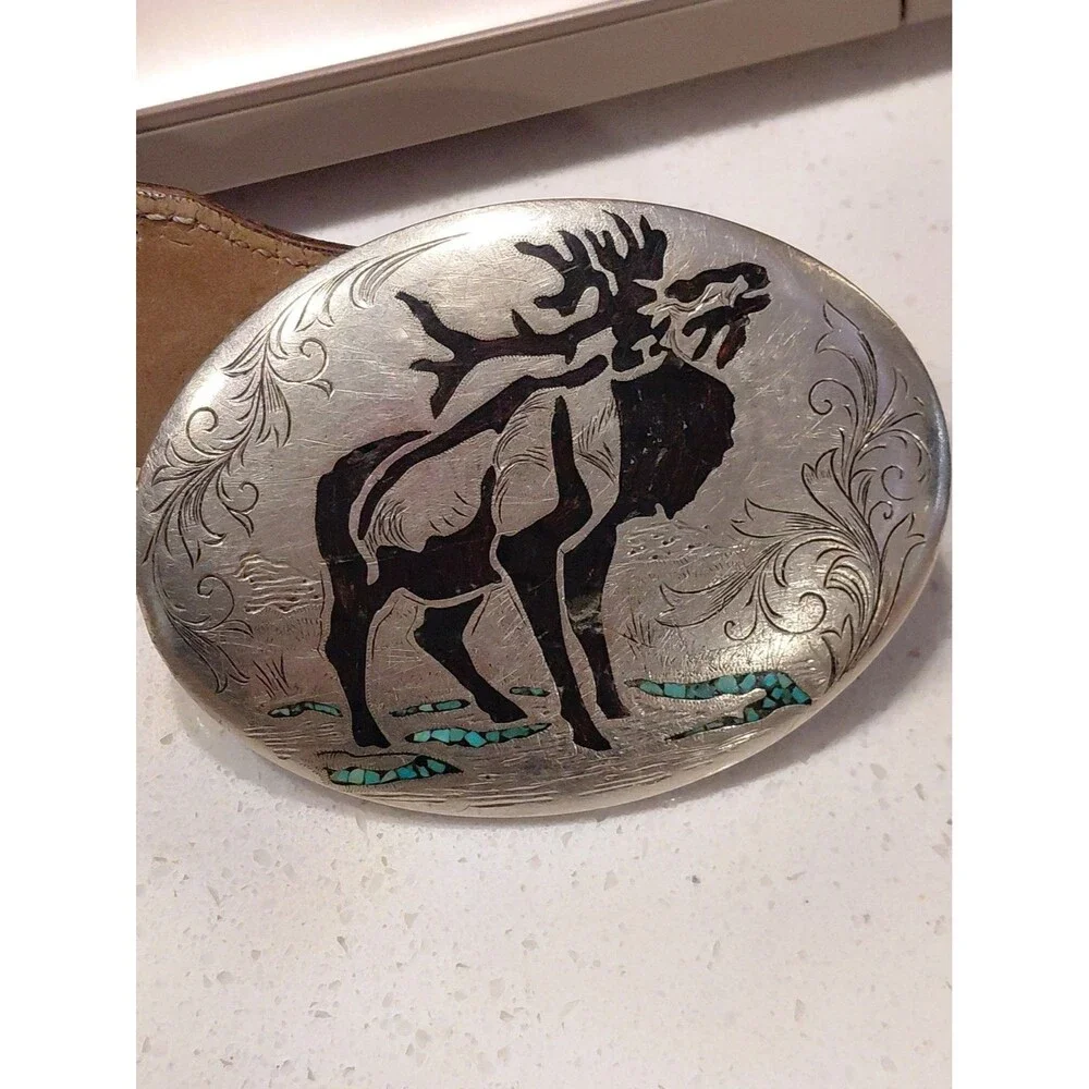 Elk Belt Buckle Turquoise 4”x3”x1.75 Belt Oval with Carved Leather Belt